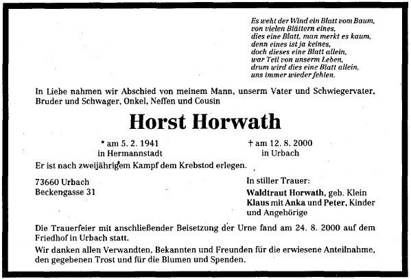 Horwath Horst 1941-2000 Todesanzeige